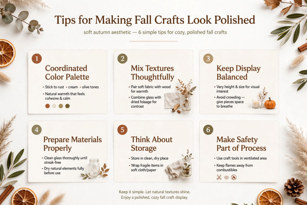 Infographic outlining six essential tips for making fall crafts for adults look polished and cohesive.