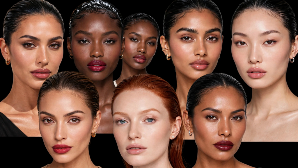 Diverse group of women modeling key makeup trends of 2026, showcasing sleek wet-look hairstyles, radiant soft-focus skin, brushed-up brows, and glossy to deep berry statement lips against a black background.