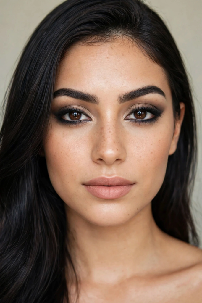 Portrait of a woman showcasing 2026 makeup trends featuring a soft smoky eye, sculpted feathered brows, natural freckled skin, and matte nude lips.