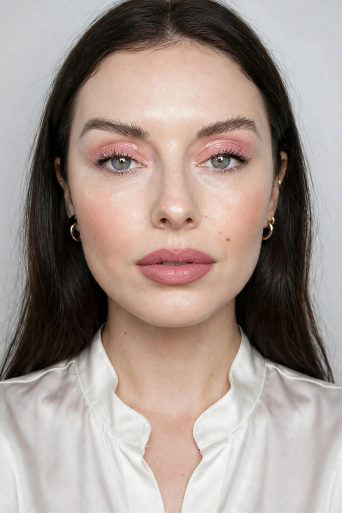 Portrait of a woman wearing 2026 makeup trends featuring glossy pink eyeshadow, luminous glass skin, feathered natural eyebrows, and a soft rosy-mauve lip.