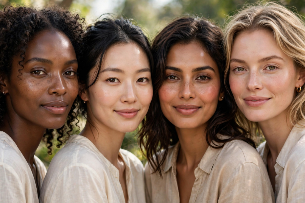 Diverse group of women modeling clean, radiant "no-makeup" makeup trends of 2026, showcasing luminous bare skin, natural freckles, brushed brows, and soft tinted lips outdoors.   