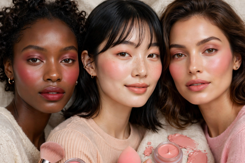 Three women showcasing vibrant monochromatic blush looks and glass skin, highlighting 2026 makeup trends with cream blushes and beauty sponges in the foreground.   