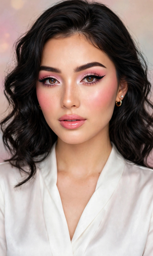 Portrait of a woman wearing romantic pink makeup trends for 2026, featuring sharp winged eyeliner, soft pastel eyeshadow, flushed rosy cheeks, and glossy pink lips.   