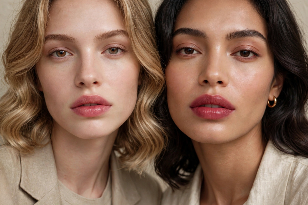 Close-up portrait of two women showcasing glowing 2026 makeup trends, featuring dewy glass skin, feathered natural eyebrows, and satin berry and rosy-pink lips.   