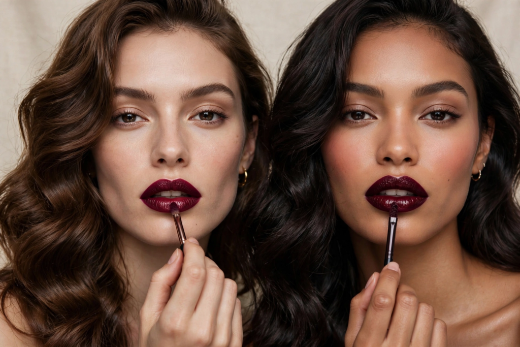 Two women applying deep berry lipstick with precision brushes, highlighting bold statement lip makeup trends for 2026 alongside glowing skin and feathered brows.   