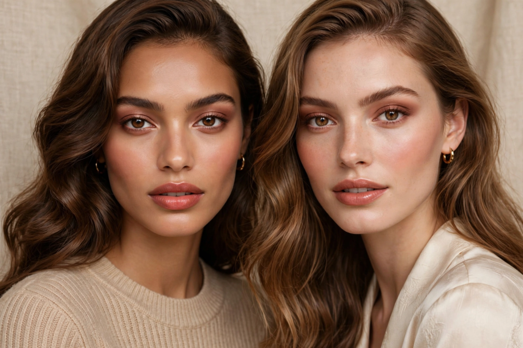Portrait of two women wearing warm monochromatic 2026 makeup trends, featuring soft terracotta eyeshadow, luminous satin complexion, feathered brows, and glossy nude lips.   