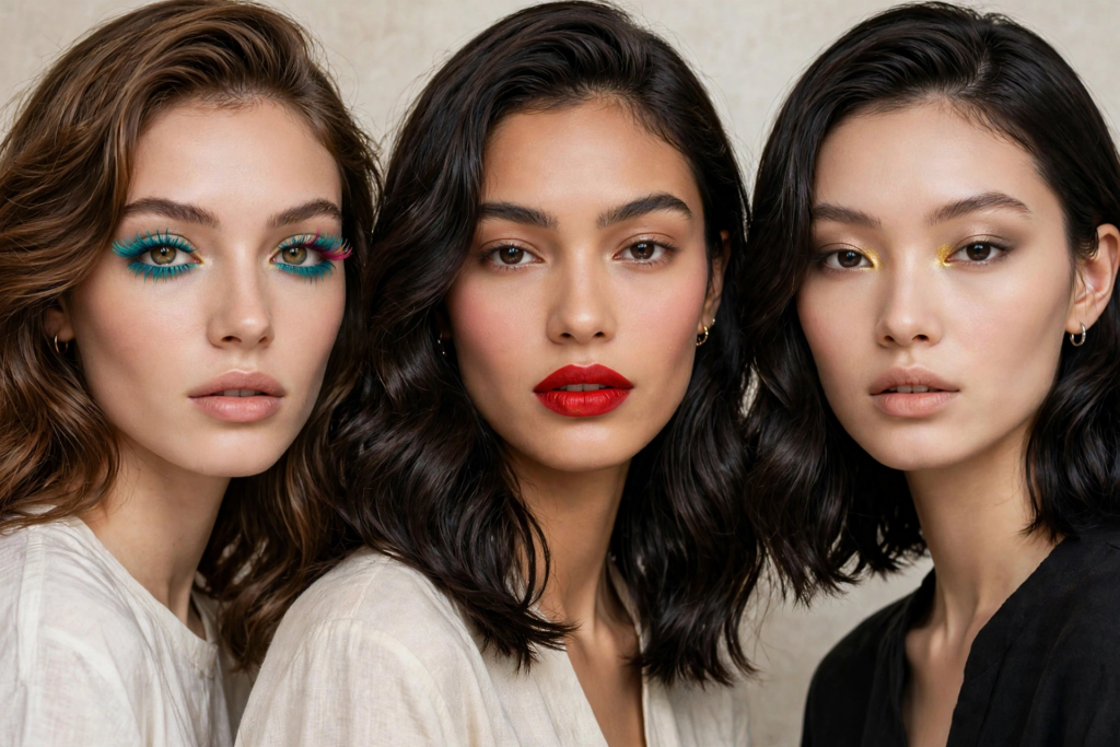 Three women showcasing bold 2026 makeup trends, featuring vibrant teal and pink mascara, classic red matte lips, and shimmering gold inner-corner eye accents on radiant skin.   