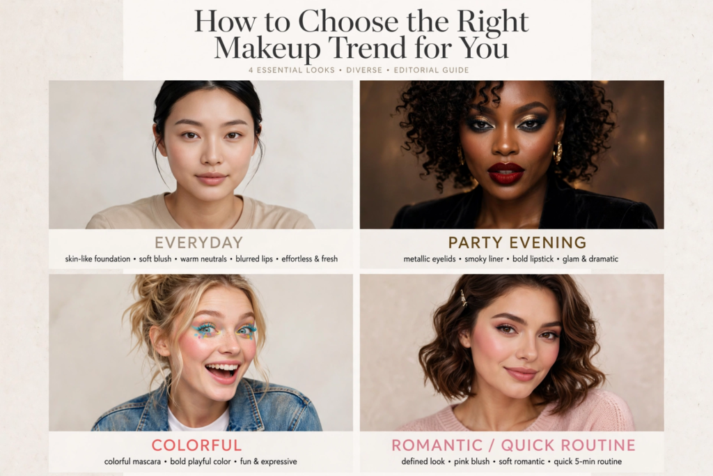 Editorial guide on how to choose the right 2026 makeup trends, featuring four essential looks: Everyday natural glow, Party Evening metallic glam, Colorful playful mascara, and Romantic quick routine with soft pink blush.   