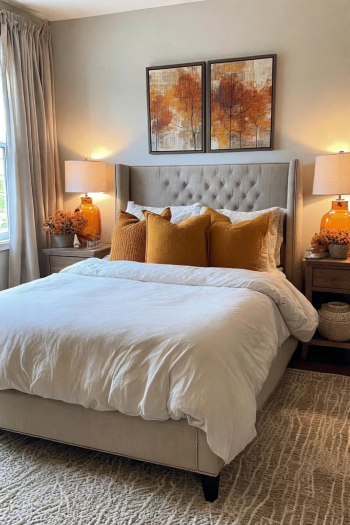 Fall Decorating Ideas 2026 for Every Room in Your Home Cozy bedroom showcasing fall decorating ideas 2026 with mustard throw pillows, amber glass lamps, and autumn wall art.