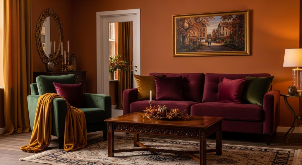 Fall Decorating Ideas 2026 for Every Room in Your Home Moody living room featuring fall decorating ideas 2026 with a plum velvet sofa, terracotta walls, and warm autumn accents.