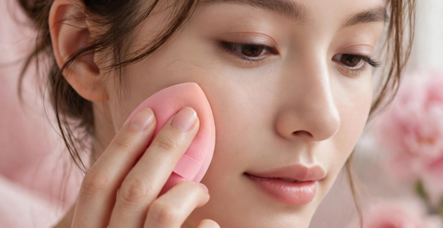 Woman applying setting powder with a pink puff as part of beauty hacks for oily skin.