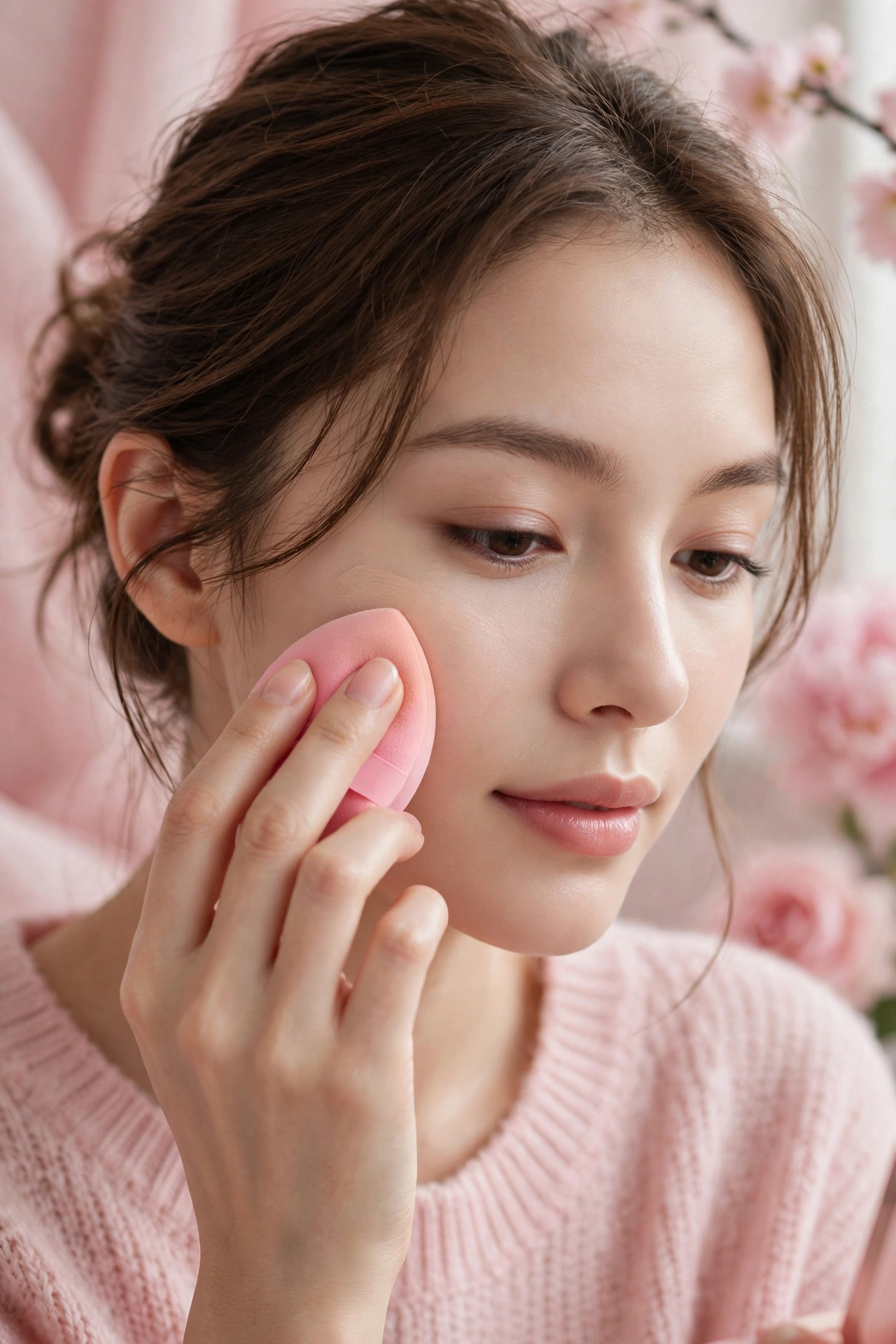 Woman applying setting powder with a pink puff as part of beauty hacks for oily skin.