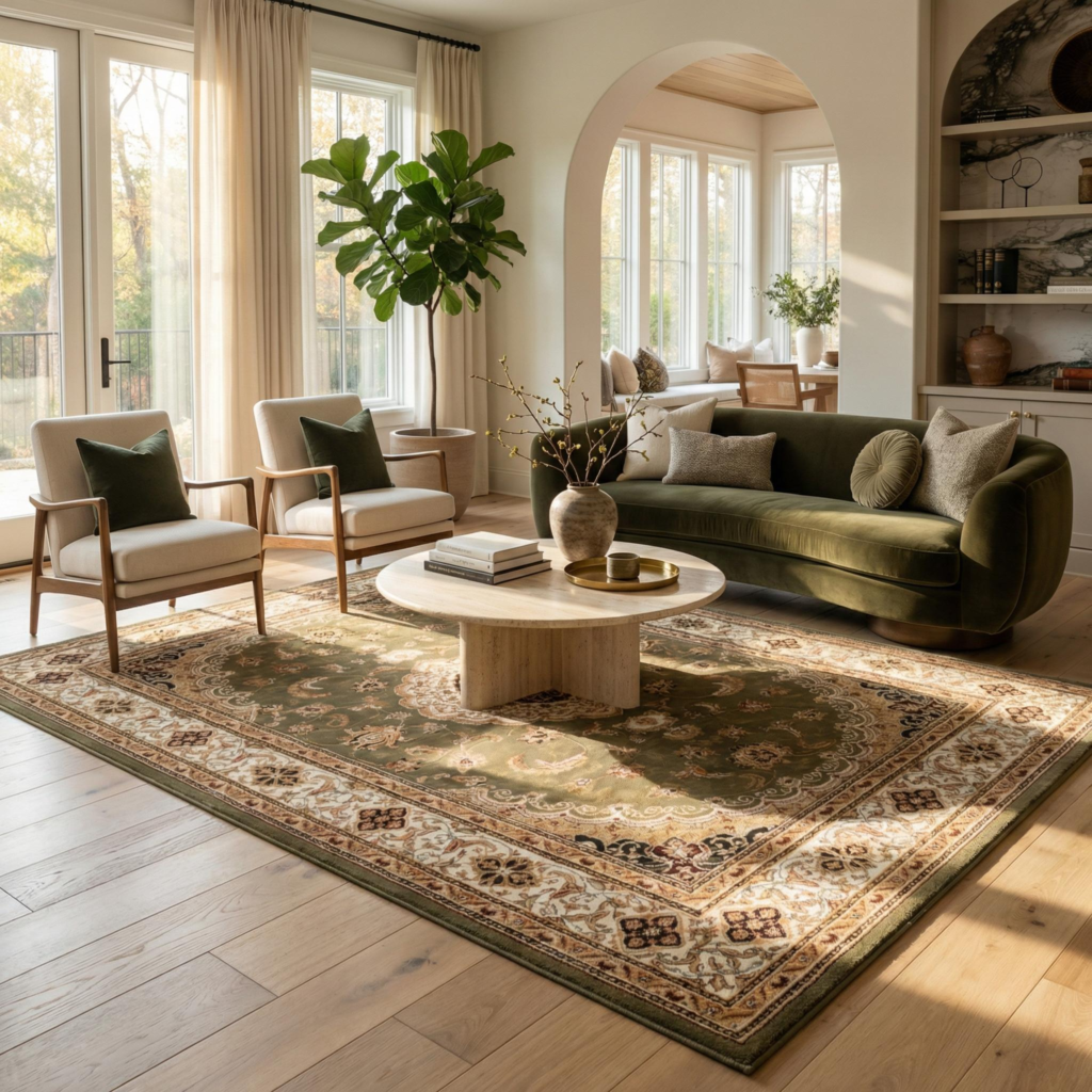 Fall Decorating Ideas 2026 for Every Room in Your Home Sunlit living room showcasing fall decorating ideas 2026 with an olive green curved velvet sofa, vintage patterned rug, and stone coffee table.