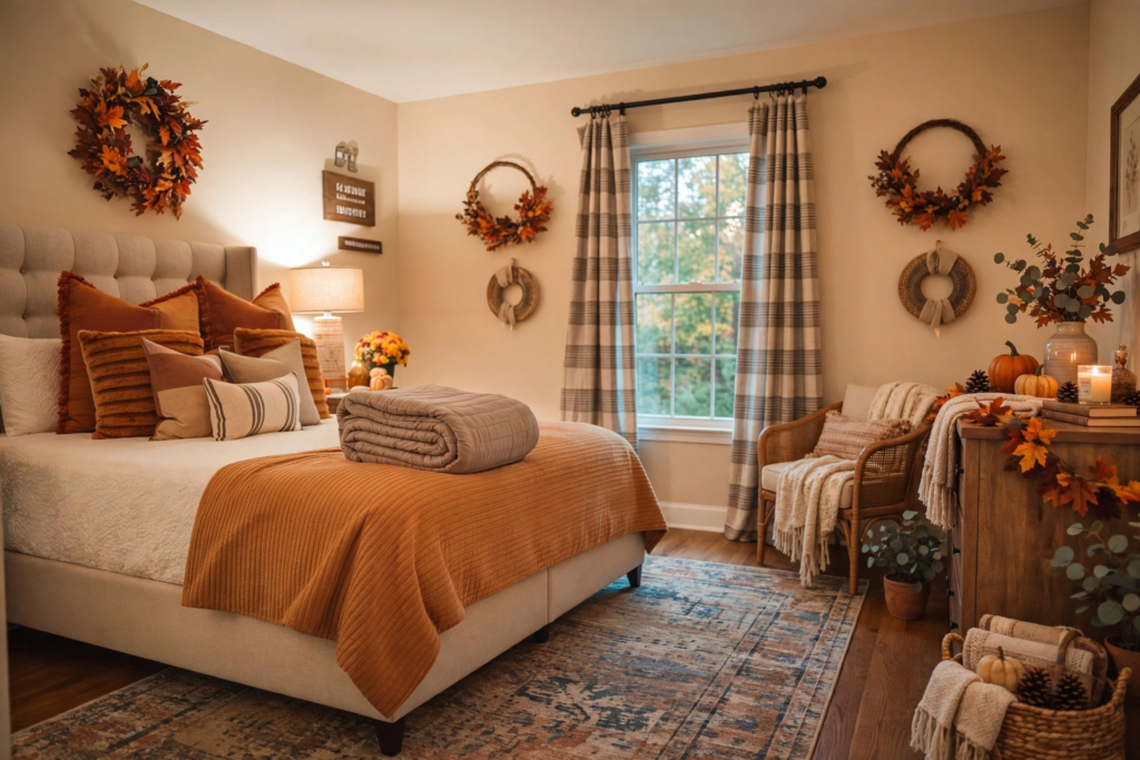 Fall Decorating Ideas 2026 for Every Room in Your Home Rustic autumn bedroom showcasing fall decorating ideas 2026 with terracotta bedding, fall leaf wreaths, and cozy plaid curtains.