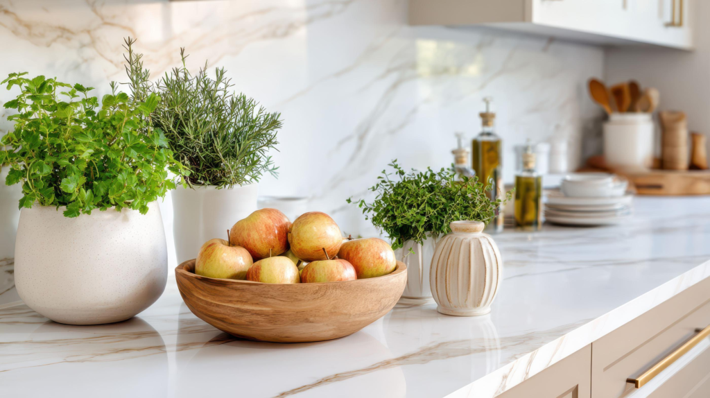 Fall Decorating Ideas 2026 for Every Room in Your Home Bright kitchen counter featuring fall decorating ideas 2026 with a wooden bowl of apples, fresh potted herbs, and marble surfaces.