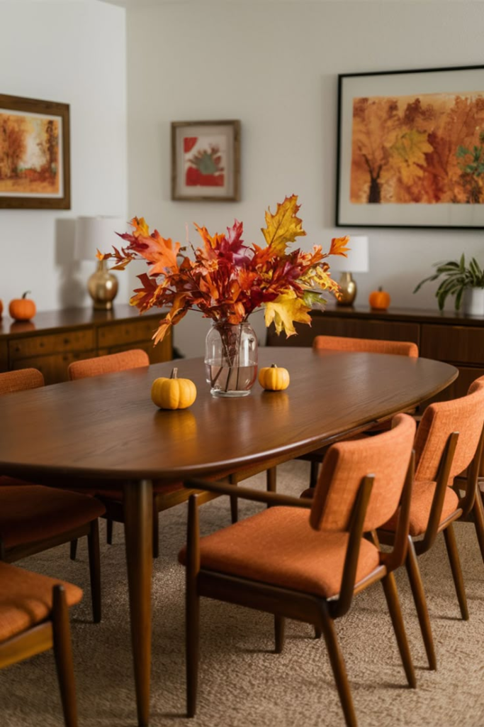 Fall Decorating Ideas 2026 for Every Room in Your Home Mid-century dining room showcasing fall decorating ideas 2026 with colorful autumn foliage, small pumpkins, and warm orange chairs