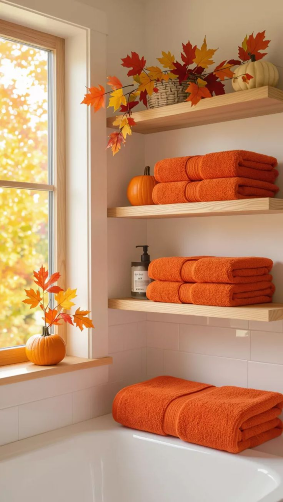 Fall Decorating Ideas 2026 for Every Room in Your Home Cozy bathroom styled with fall decorating ideas 2026, featuring vibrant orange towels, miniature pumpkins, and autumn foliage on floating wooden shelves.