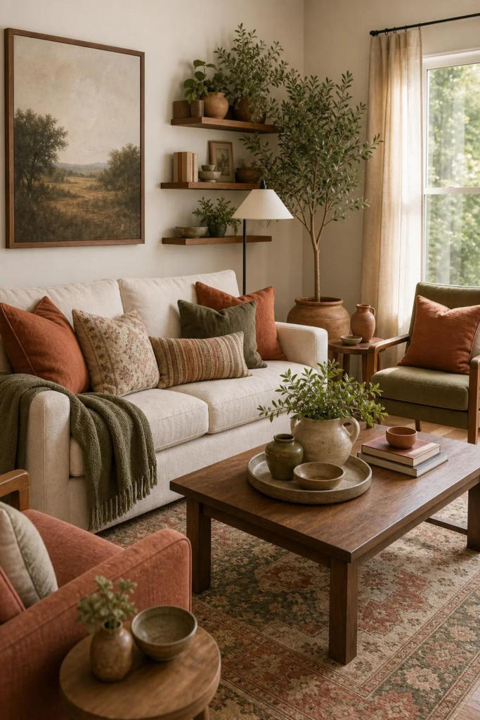 Fall Decorating Ideas 2026 for Every Room in Your Home Earth-toned living room styled with fall decorating ideas 2026, featuring rust throw pillows, olive green accents, and rustic ceramic vases on a dark wood coffee table
