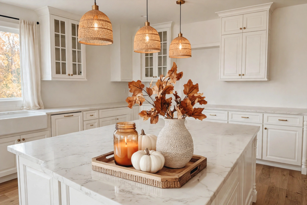 Fall Decorating Ideas 2026 for Every Room in Your Home White modern kitchen island styled with fall decorating ideas 2026, featuring dried autumn leaves in a ceramic vase, white pumpkins, and an amber candle tray