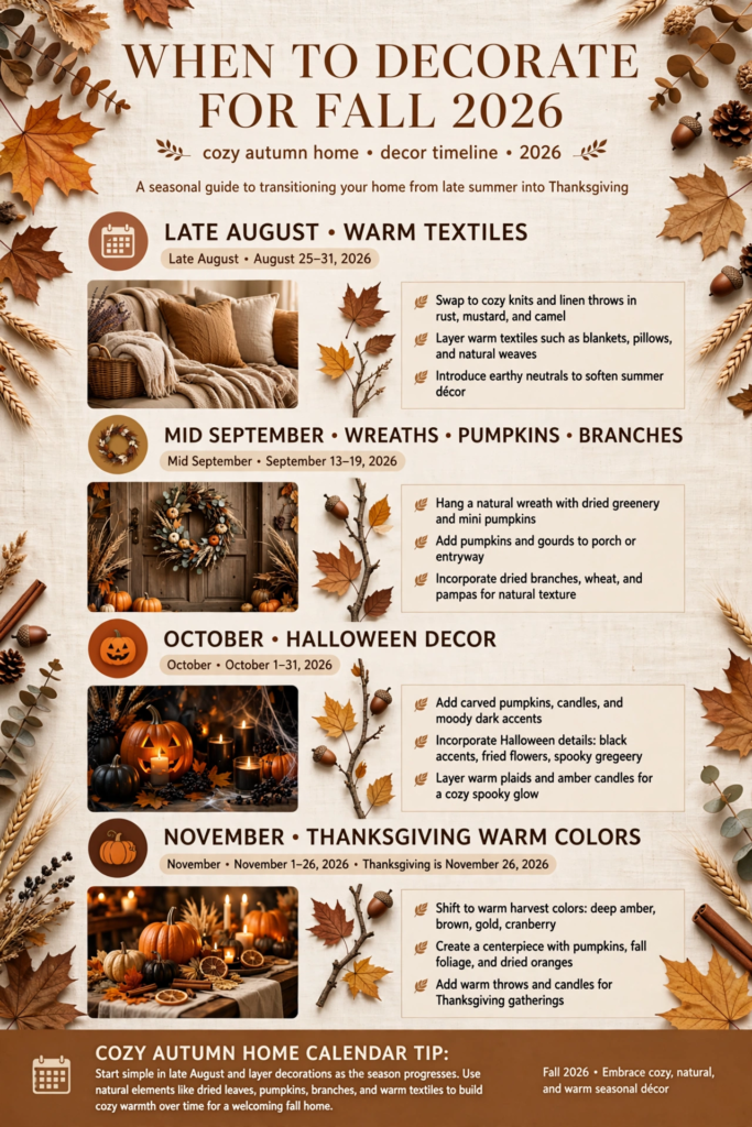 Fall Decorating Ideas 2026 for Every Room in Your Home Infographic guide sharing fall decorating ideas 2026 with a seasonal timeline for warm textiles, pumpkins, Halloween, and Thanksgiving decor