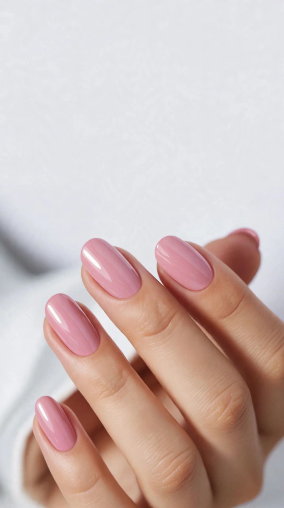 "Close-up of elegant glossy pink oval nails showcasing clean girl aesthetic nail trends 2026."