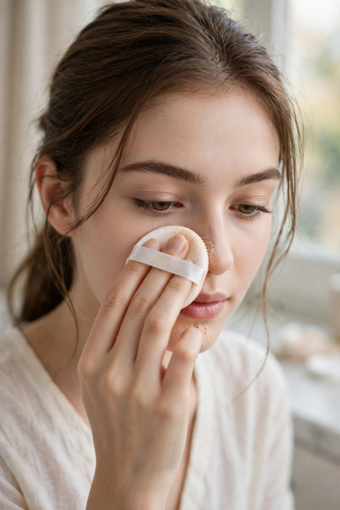 Woman applying translucent powder with a white puff around her nose as part of beauty hacks for oily skin.