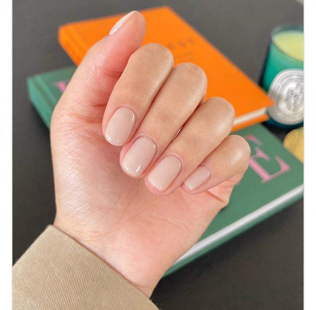 "Minimalist milky nude square-oval short manicure highlighting modern nail trends 2026."