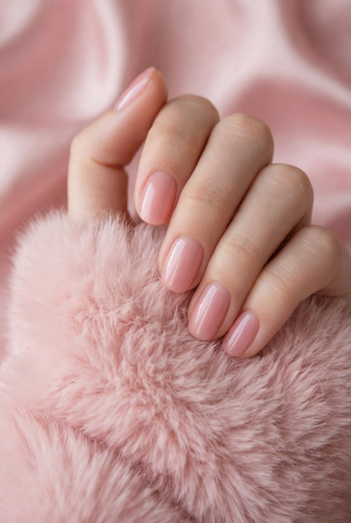 "Glossy sheer baby pink manicure on neat short nails showcasing nail trends 2026."