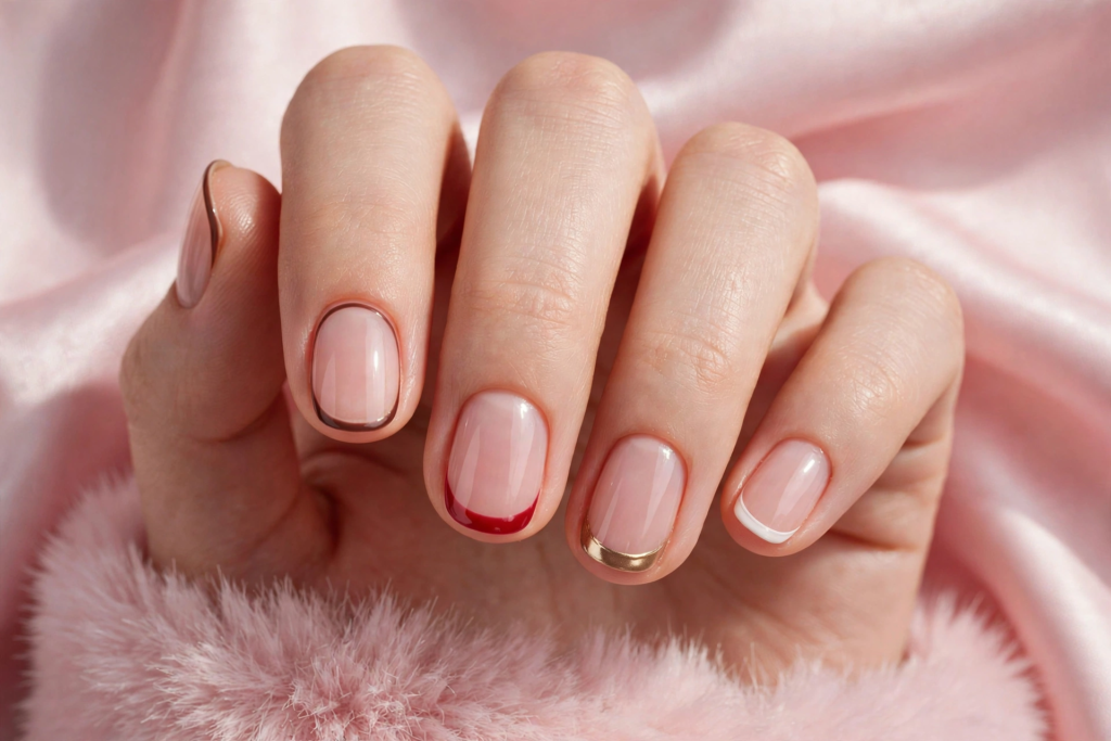 "Short square glossy nude manicure featuring mismatched French tips aligned with nail trends 2026."