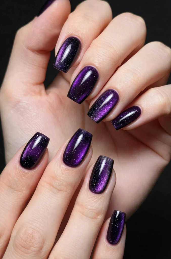 "Deep purple velvet cat eye manicure on long square nails showcasing dramatic nail trends 2026."