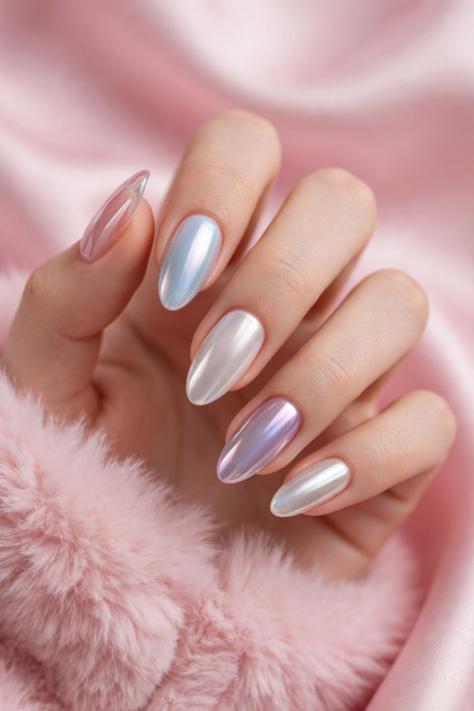 "Pastel iridescent glazed chrome manicure on medium almond nails showcasing nail trends 2026."