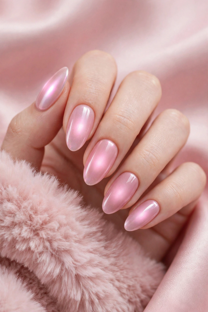 "Glossy soft pink glazed chrome almond nails showcasing feminine nail trends 2026."   