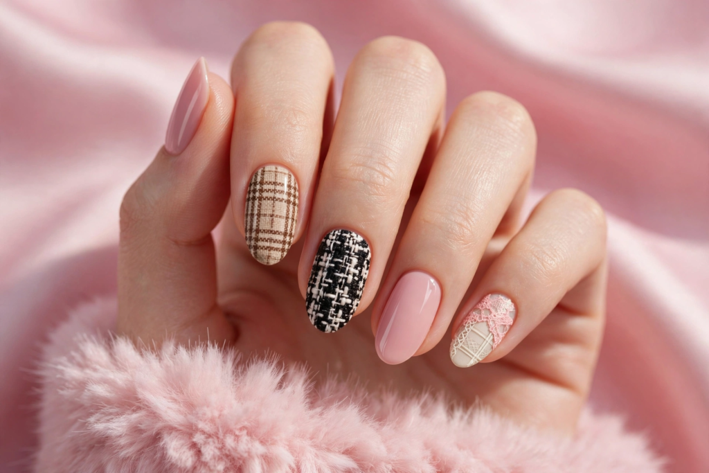 "Chic tweed and plaid patterned manicure on almond nails mixed with soft pink polish, highlighting nail trends 2026."   