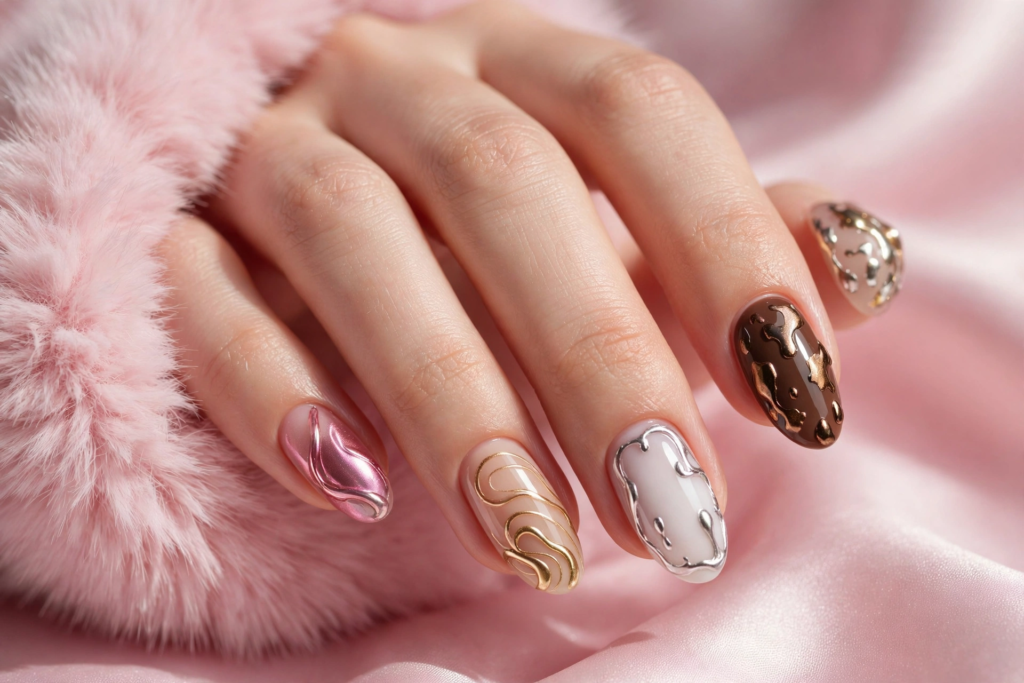 "Futuristic 3D molten chrome swirls on almond nails highlighting innovative nail trends 2026."   