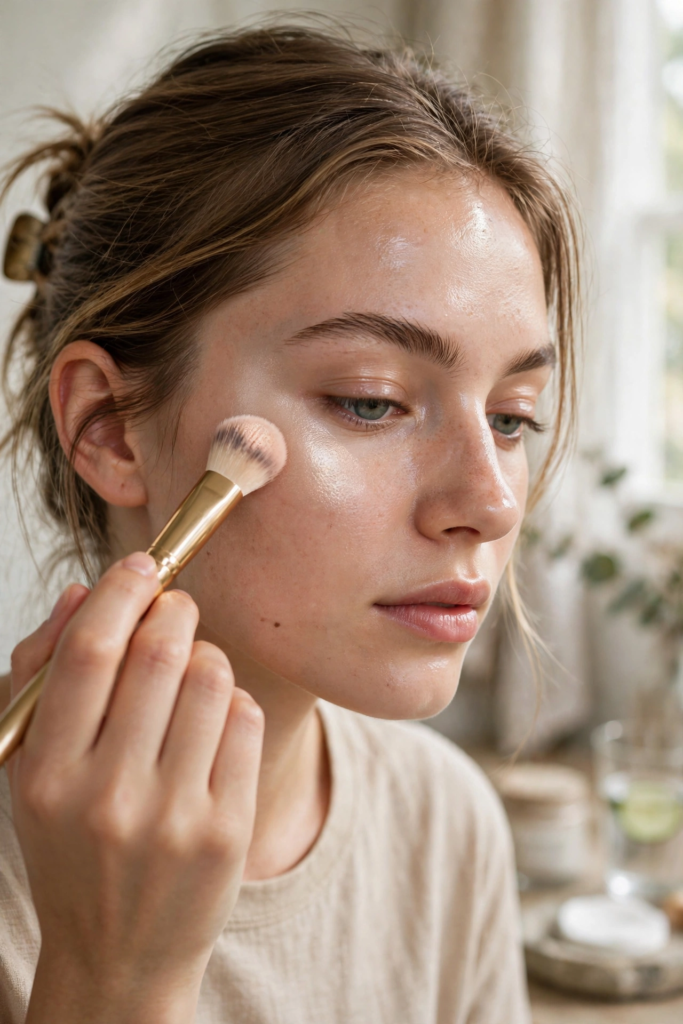 Woman applying product with a brush to shiny, damp skin demonstrating beauty hacks for oily skin.