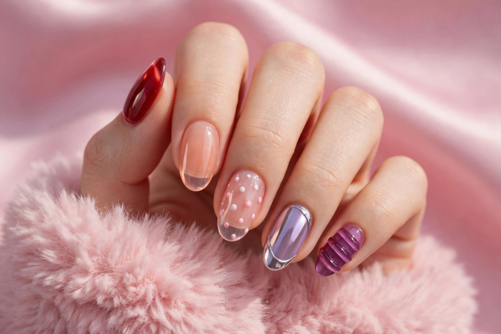"Creative 3D jelly and metallic purple mix-and-match manicure on almond nails showcasing nail trends 2026."   