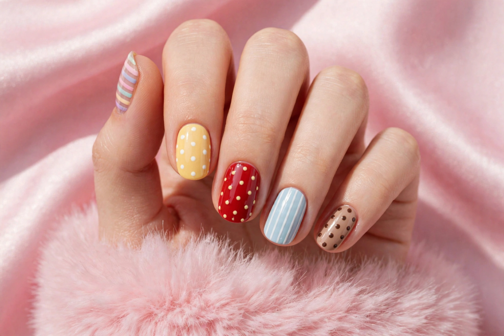 "Vibrant retro manicure with polka dots and candy stripes on short nails embodying nail trends 2026."   