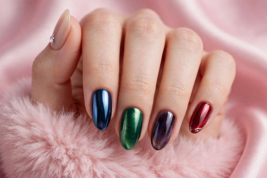 "Luxurious jewel-toned chrome and magnetic gel polish on almond nails highlighting nail trends 2026."   