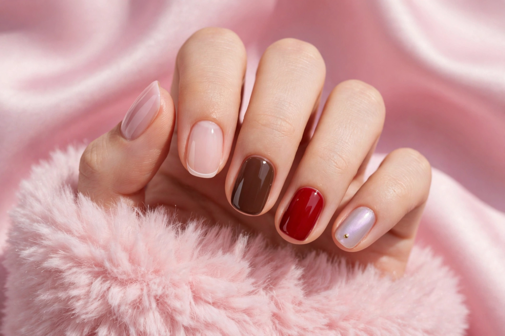 "Chic mismatched skittle manicure featuring chocolate brown, crimson red, and pearlescent pink polish highlighting nail trends 2026."   