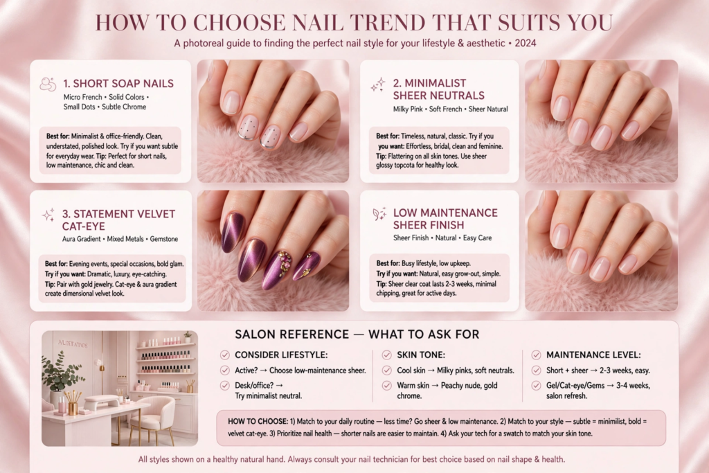 "Infographic guide comparing short soap nails, minimalist neutrals, and velvet cat-eye styles reflecting nail trends 2026."   