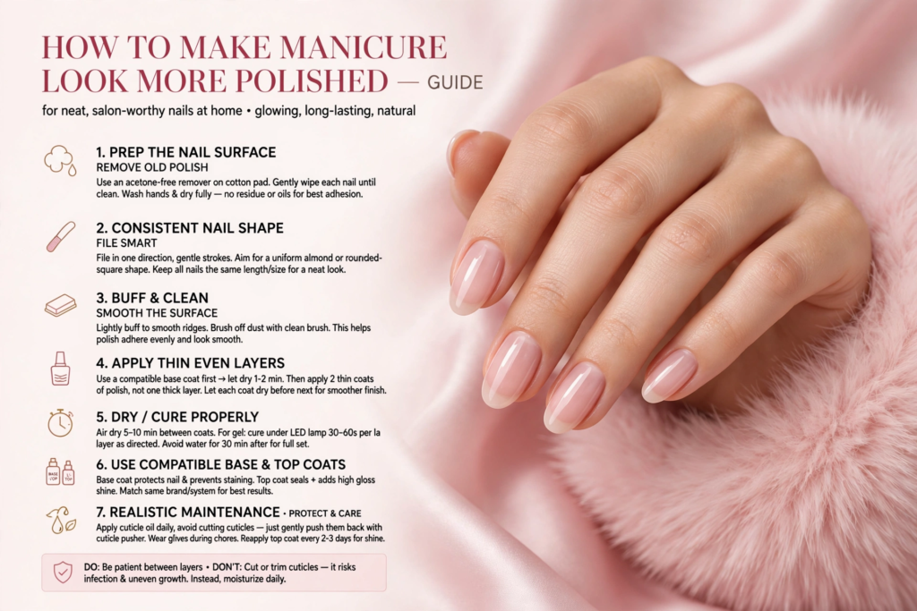 "Visual guide to making DIY manicures look neat and polished at home, aligned with minimalist nail trends 2026."   