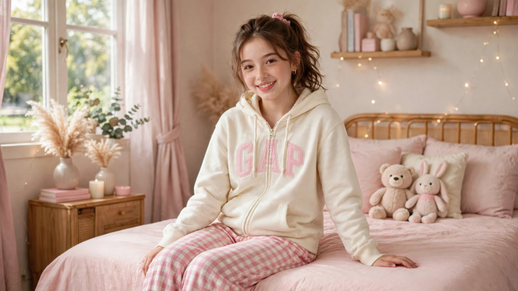 Young girl smiling in a cozy pastel bedroom wearing a cream Gap zip-up hoodie and pink gingham lounge pants, showcasing cozy loungewear and cute outfit ideas.