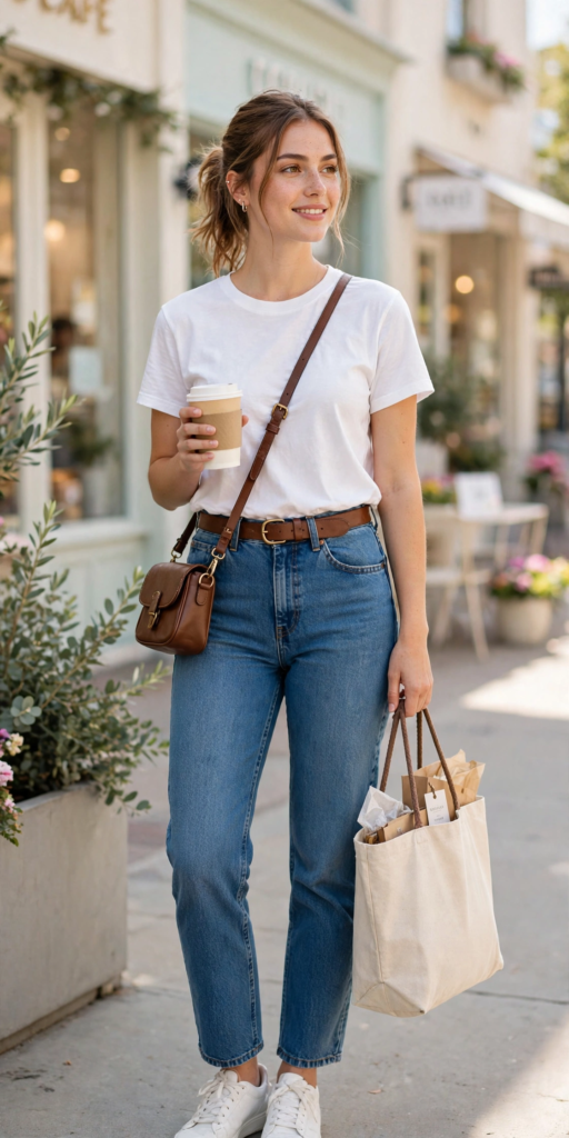 Smiling woman strolling down a sunny street with a coffee and tote bag, wearing high-waisted blue jeans, a classic white t-shirt, and white sneakers for everyday cute outfit ideas.