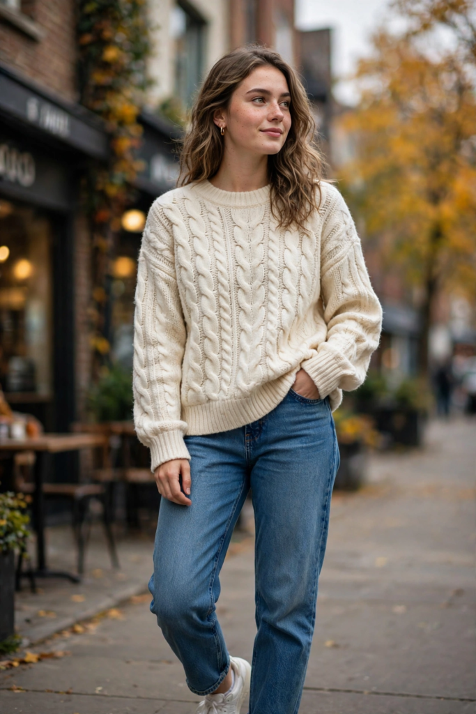 Young woman walking down an autumn city street wearing a chunky cream cable-knit sweater and blue jeans, modeling cute outfit ideas for fall.   