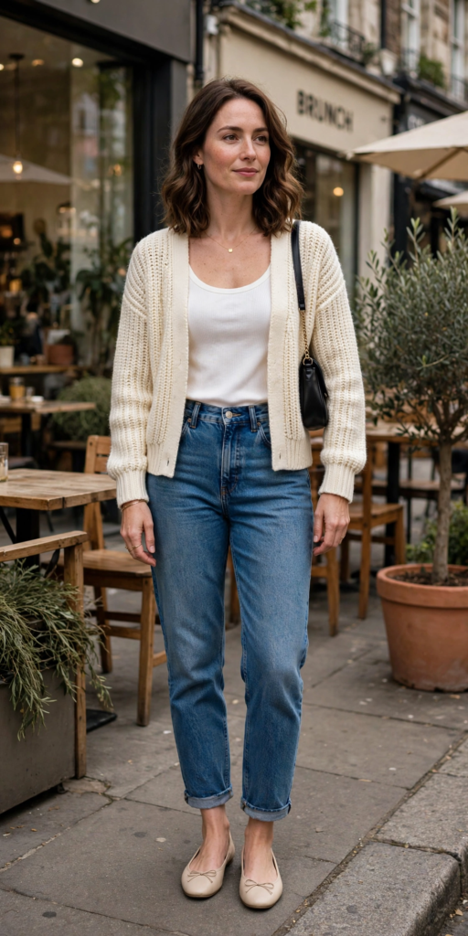 Young woman walking down an autumn city street wearing a chunky cream cable-knit sweater and blue jeans, modeling cute outfit ideas for fall.   