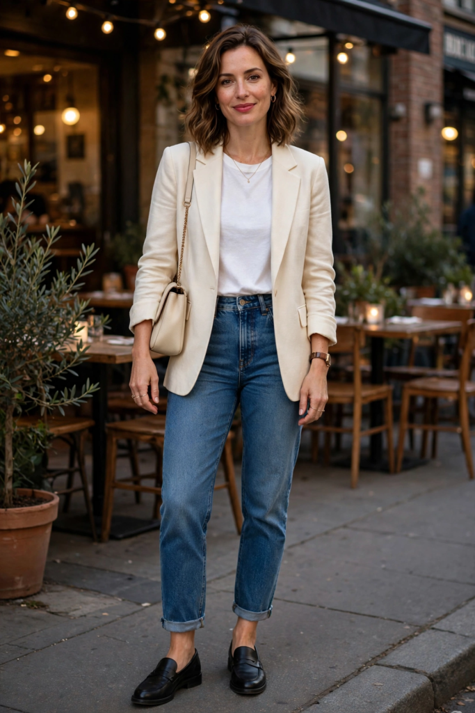 Stylish woman standing outside a bistro wearing an off-white blazer over a white crew-neck tee, cuffed blue jeans, and black loafers, highlighting smart-casual cute outfit ideas.   