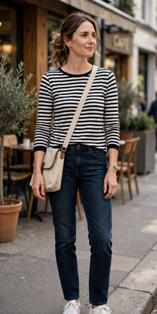 Smiling woman standing on a city street outside an open-air café wearing a black-and-white striped long-sleeve shirt, dark wash jeans, white sneakers, and a canvas crossbody bag, modeling classic Parisian-inspired cute outfit ideas.   