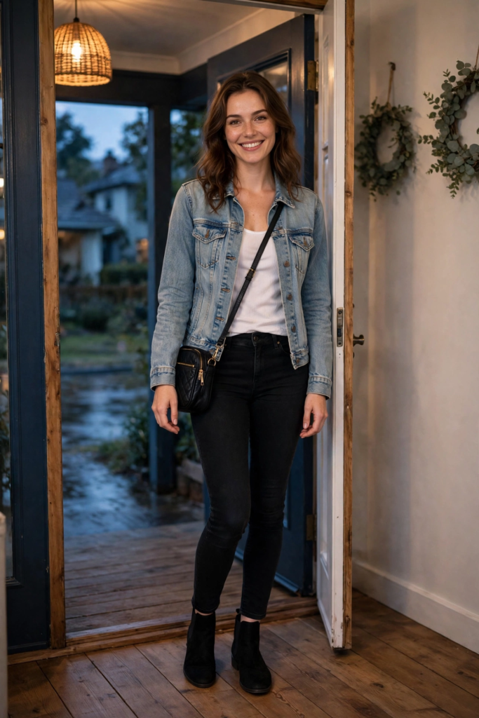 Smiling woman standing in a doorway wearing a light-wash denim jacket over a white top with black skinny jeans and black ankle boots, showcasing casual cute outfit ideas.   