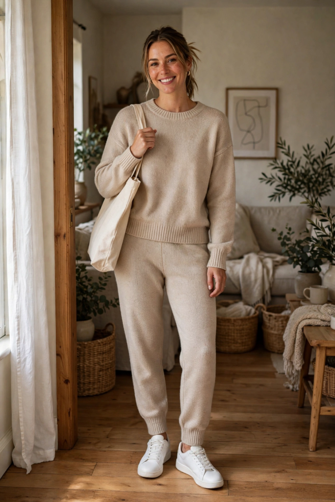 Cozy beige matching lounge set with clean white sneakers and tote bag - cute outfit ideas for travel and errands
