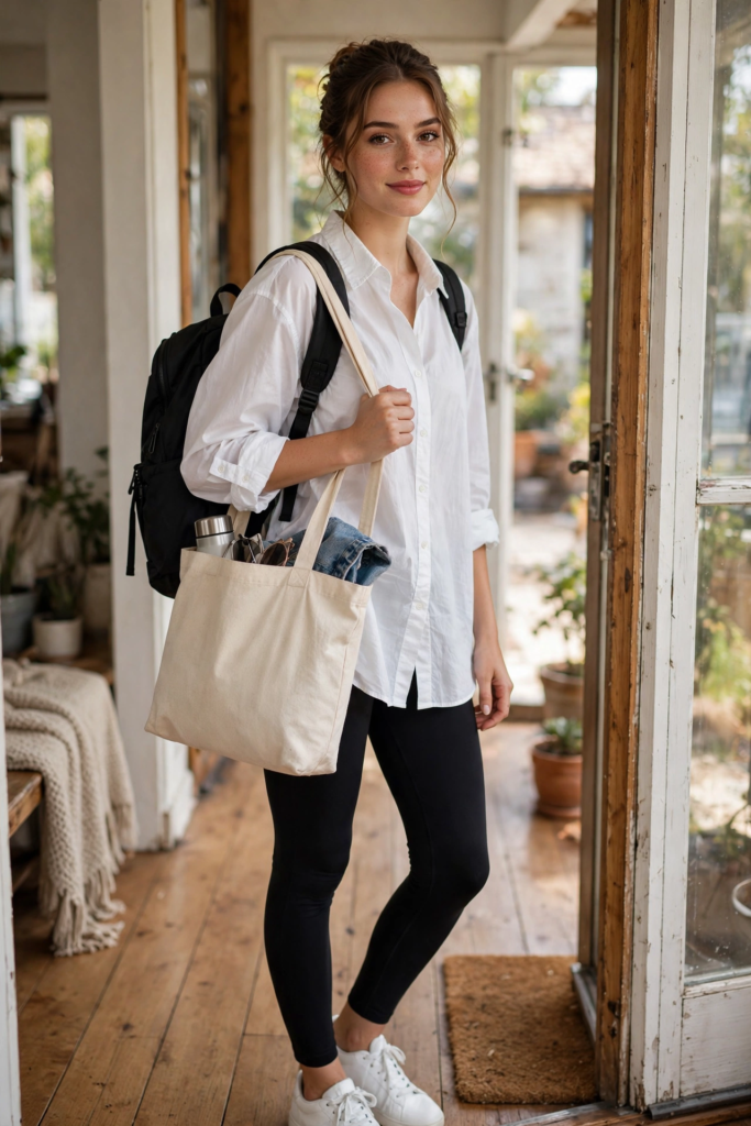 Black leggings with oversized white button-down shirt and sneakers - cute outfit ideas for travel and casual errands